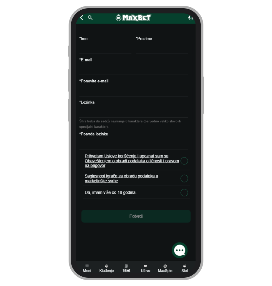 Obrazac za registraciju na MaxBet Kazinu