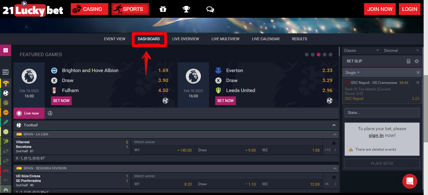 View the dashboard tab for a featured game to bet on