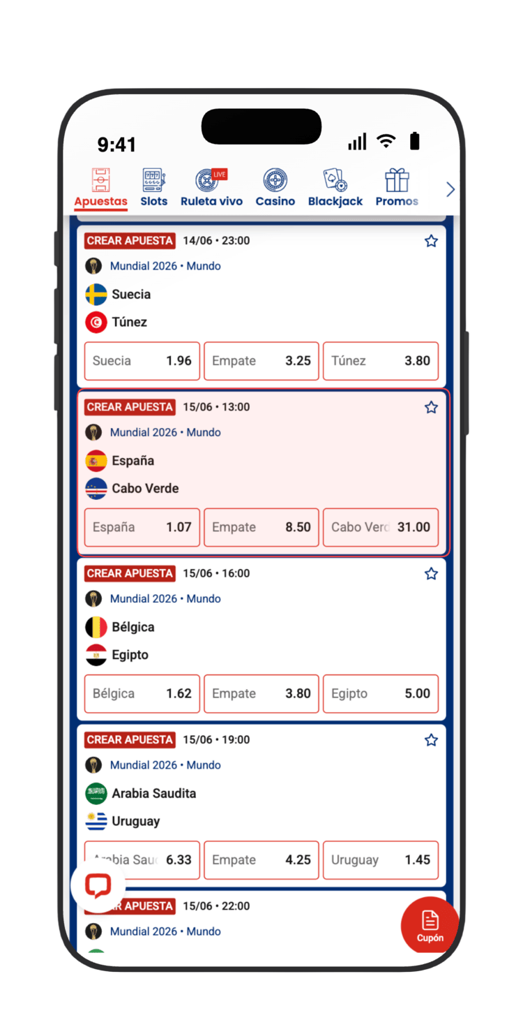 Localiza España vs Cabo Verde (15/06) en la lista del Mundial 2026 en JOKERBET