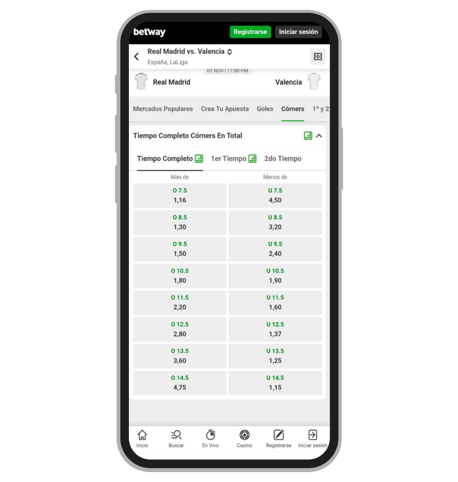 Betway. Apuestas en córners