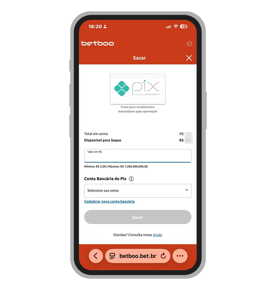 Tela de saque da Betboo via Pix com mínimo de R$ 5 e prazo instantâneo após aprovação