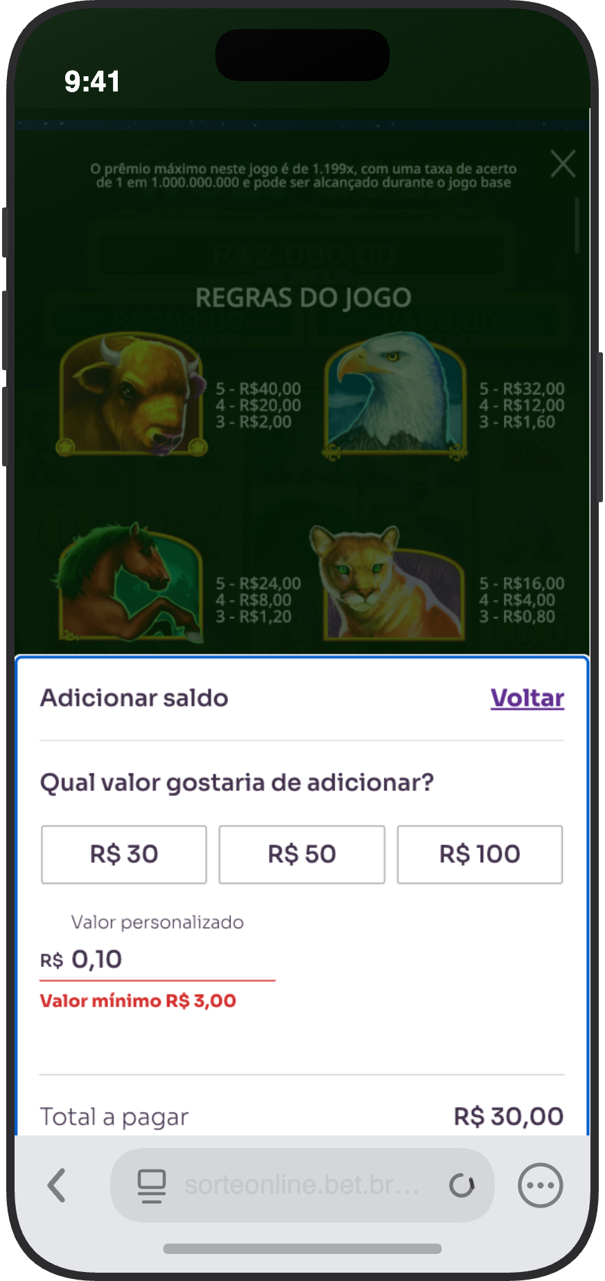 Tela de depósito do cassino Sorte Online com regras do jogo Raspabetz, valor mínimo de R$ 3 via Pix e valores sugeridos de R$ 30 a R$ 100