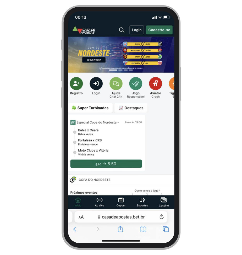 A página inicial do site mobile da Casa de Apostas