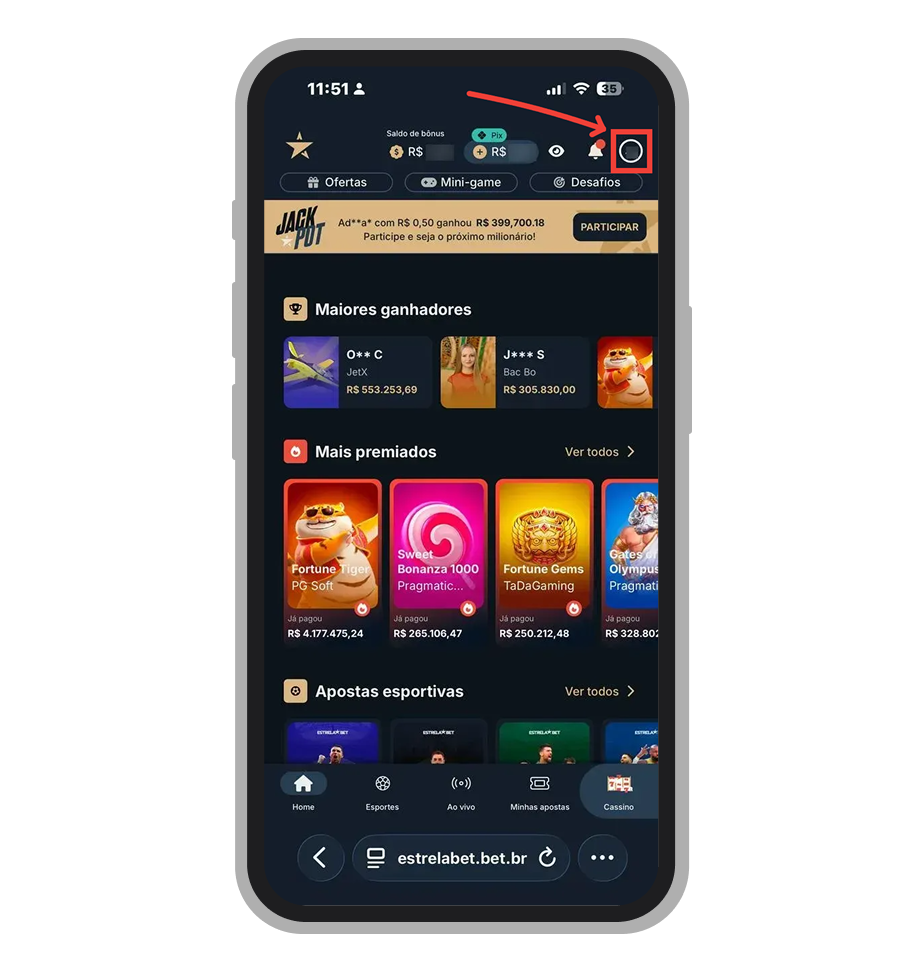 Toque no avatar com suas iniciais na tela principal