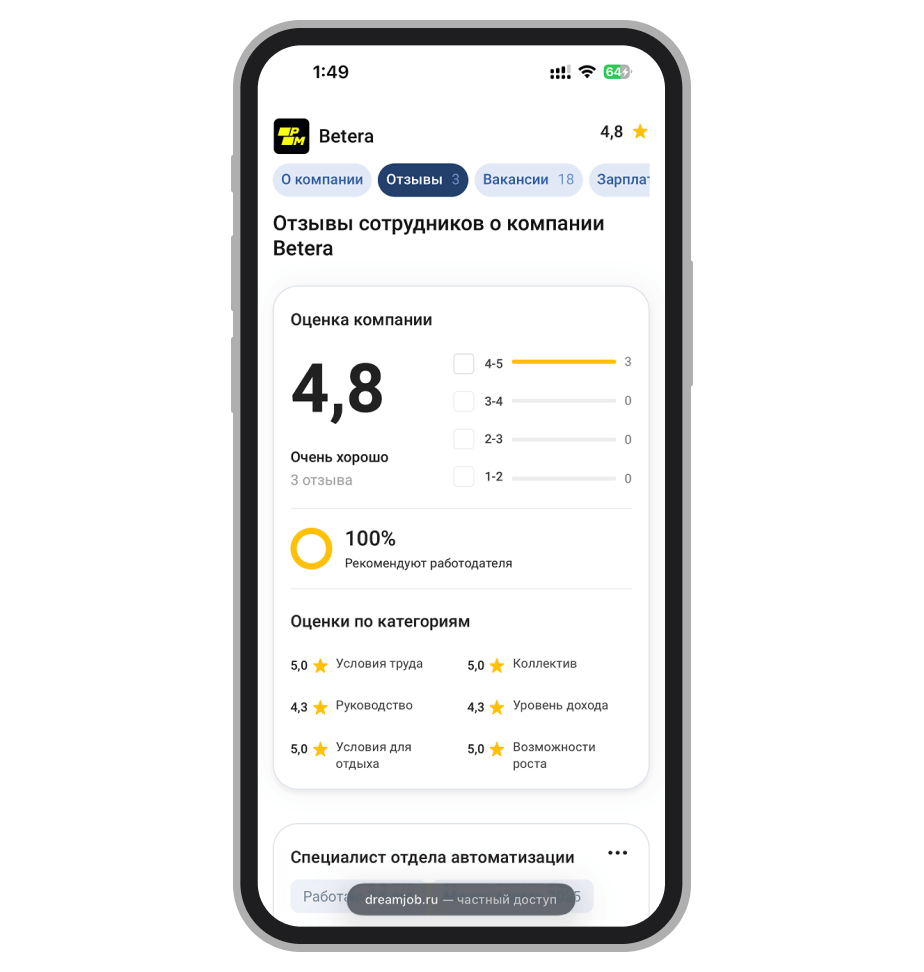 Оценка компании на портале DreamJob