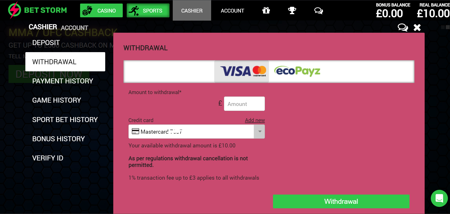 Choose withdrawal method