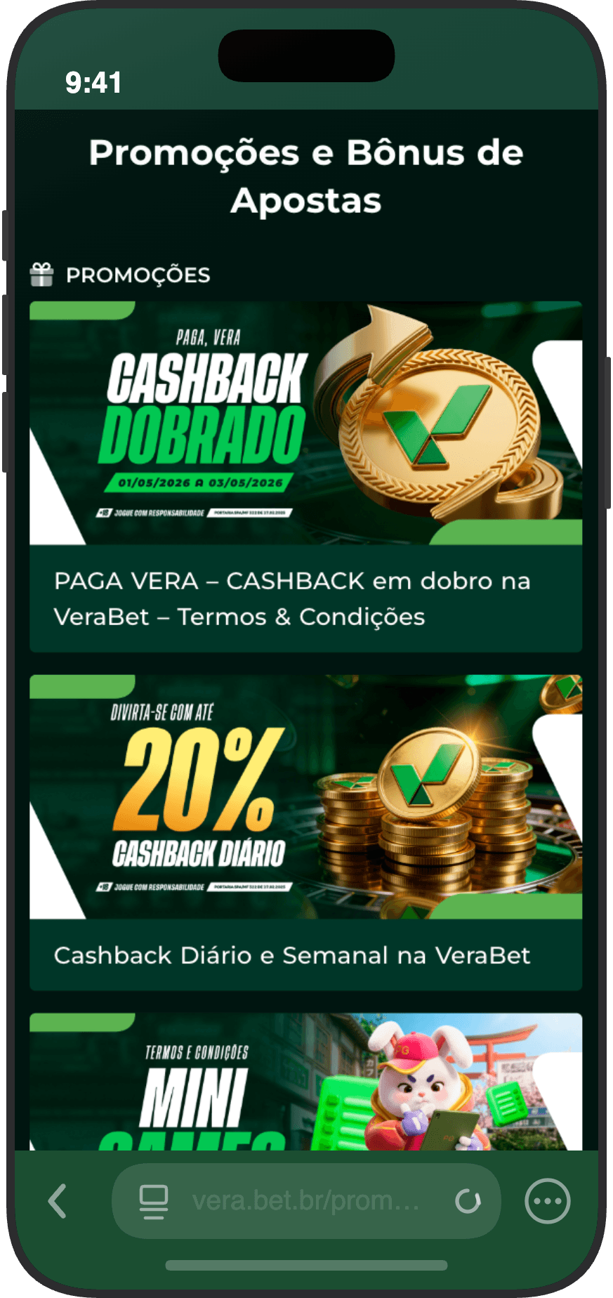 Página de promoções da Vera.bet com cashback dobrado, cashback diário de até 20% e mini games