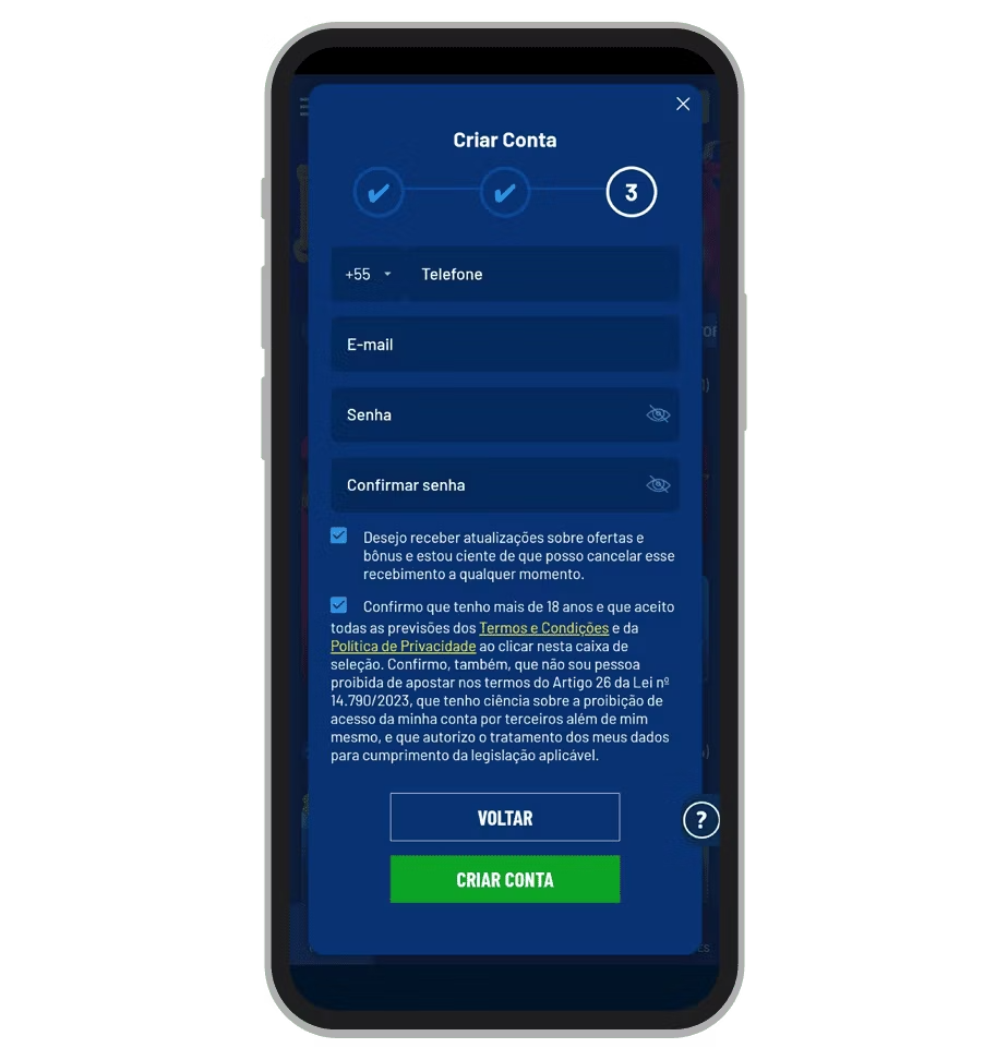 Informe os dados de contato e clique em "Criar Conta"