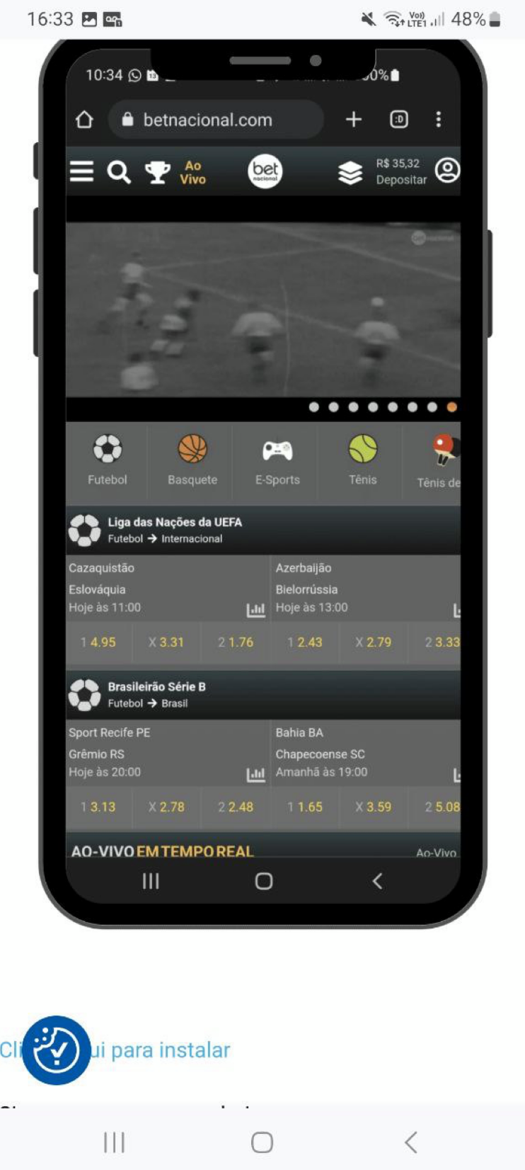 A tela do app no site mobile da Betnacional.