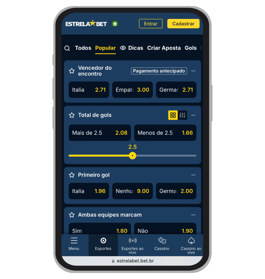Página do evento esportivo na EstrelaBet