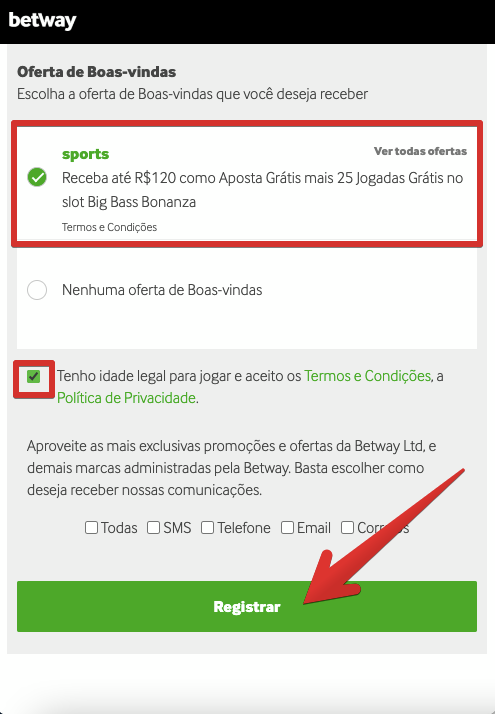 Selecione oferta de boas-vindas para esportes e toque em ‘Registrar’