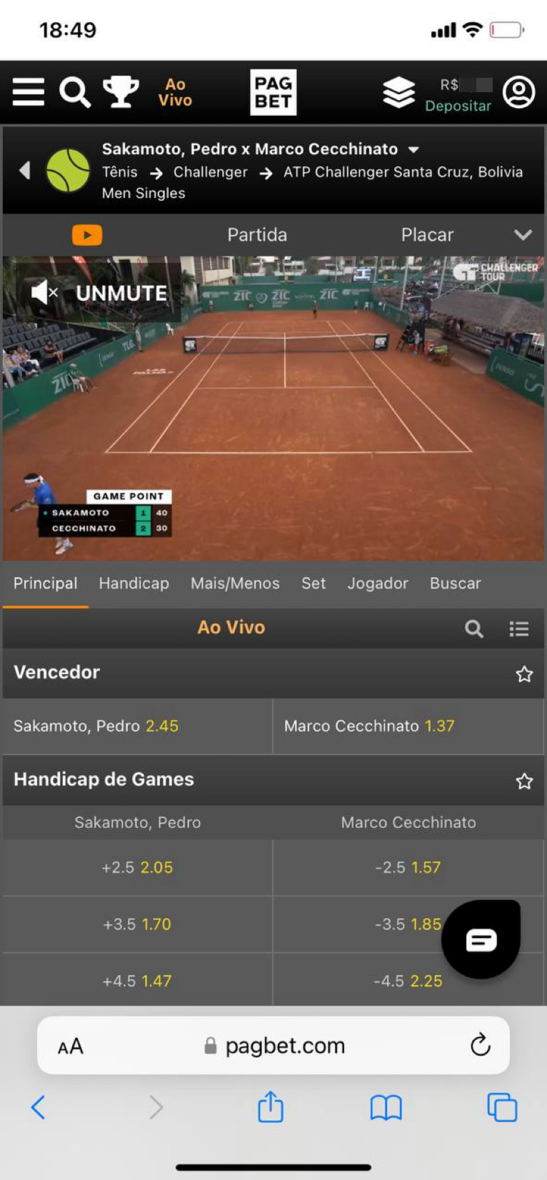 A transmissão ao vivo de tênis no site mobile da plataforma.