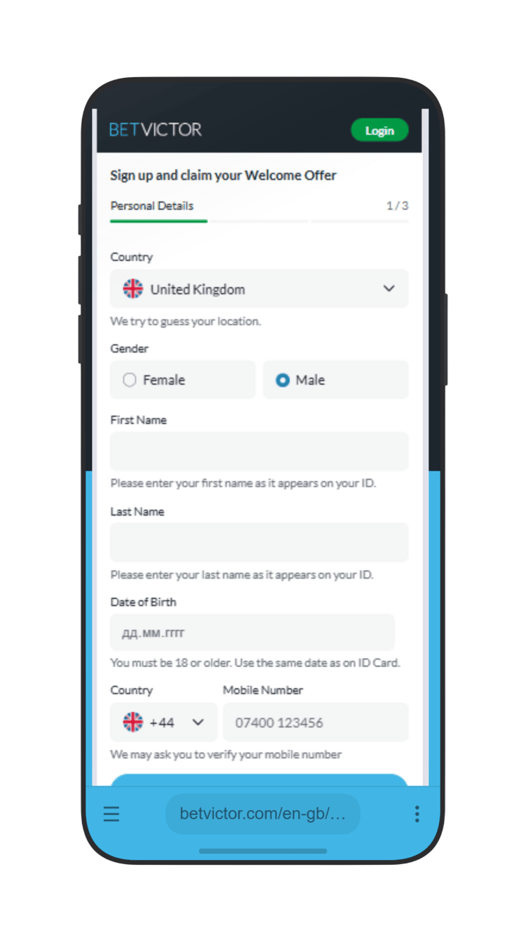 Registration at BetVictor