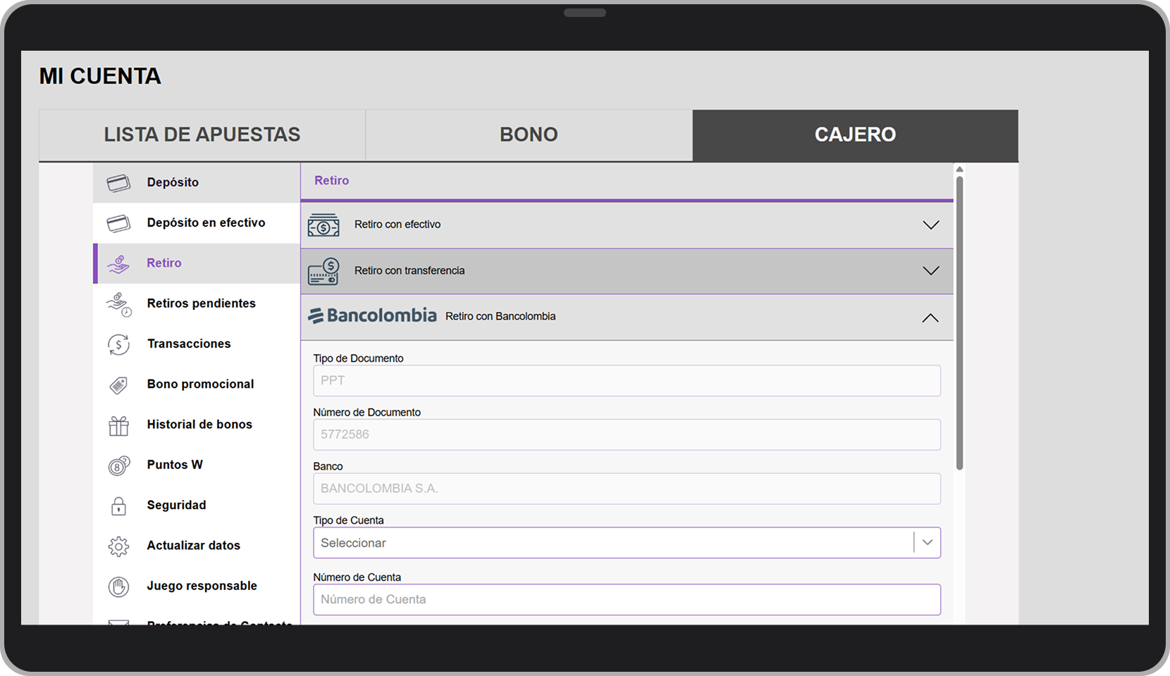 Retirar de Wplay a Bancolombia PC