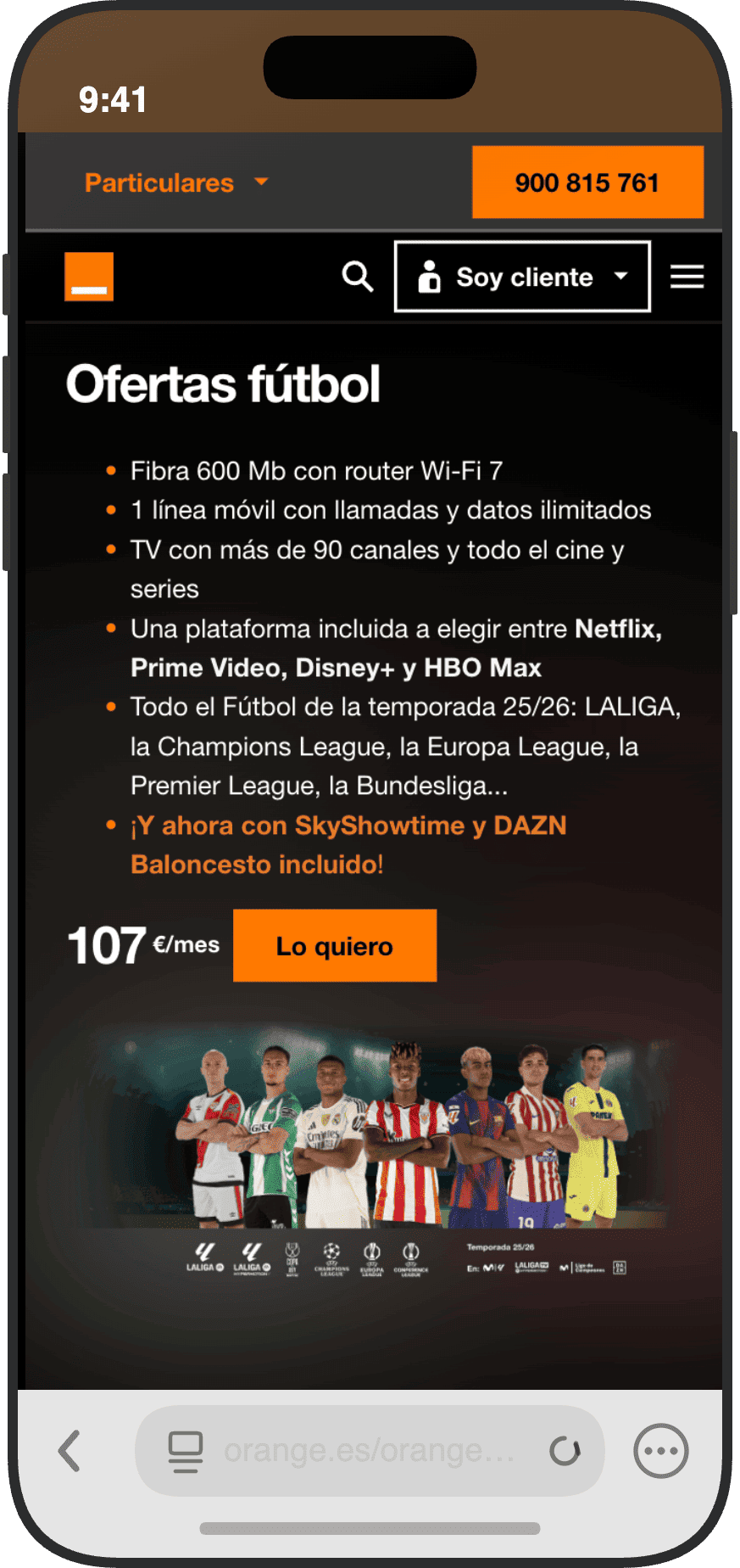 Ofertas de fútbol en Orange con fibra, TV y todo el fútbol incluido LALIGA y Champions League por 107 euros al mes
