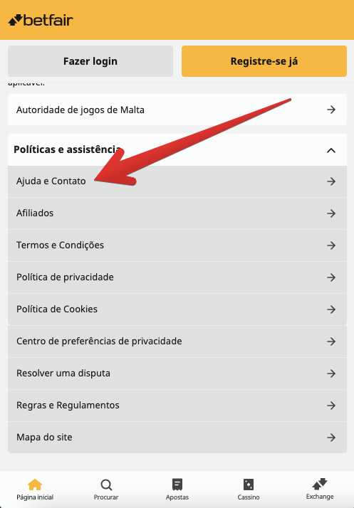 Link de acesso ao suporte Betfair na versão mobile