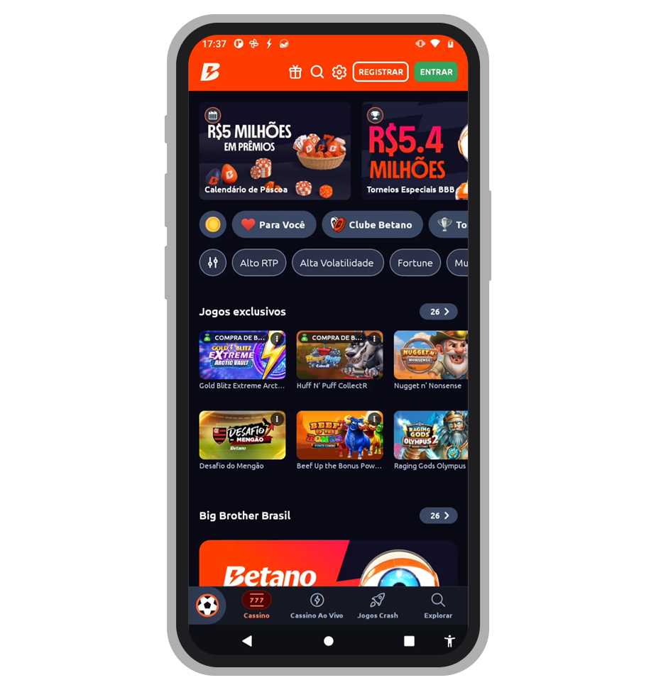 Seção de cassino no app Betano com categorias de slots, cassino ao vivo e crash games