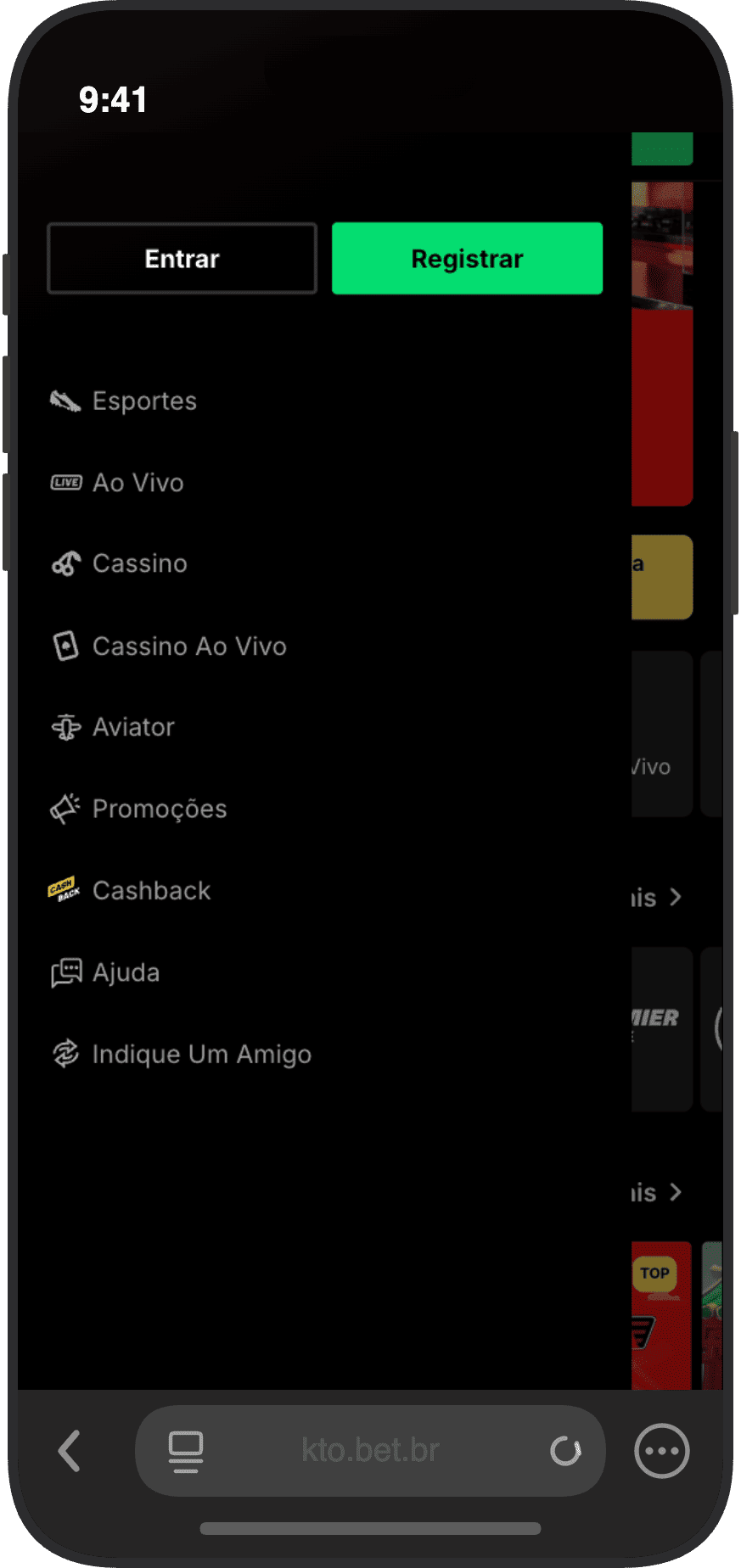 Menu lateral do KTO com seções Esportes, Ao Vivo, Cassino, Cassino Ao Vivo, Aviator, Promoções e Cashback