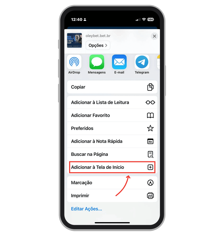 Escolhe “Adicionar à Tela de Início”