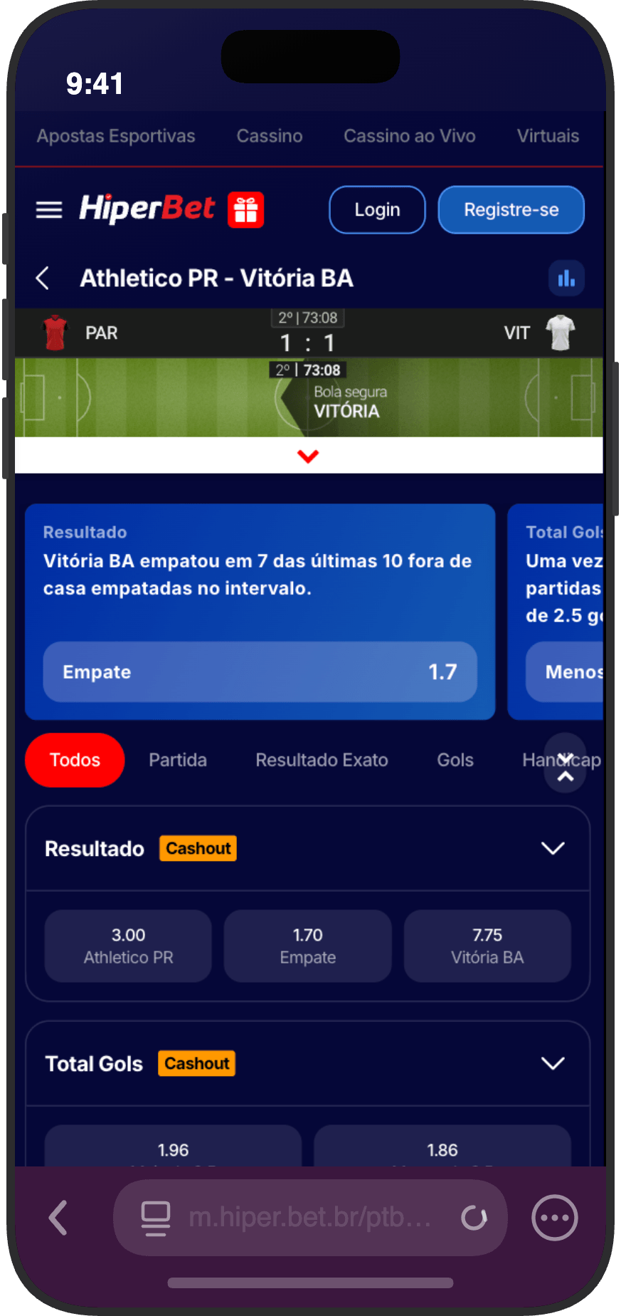 Detalhe da partida Athletico PR vs Vitória BA com odds, mercados de Total Gols e estatísticas ao vivo