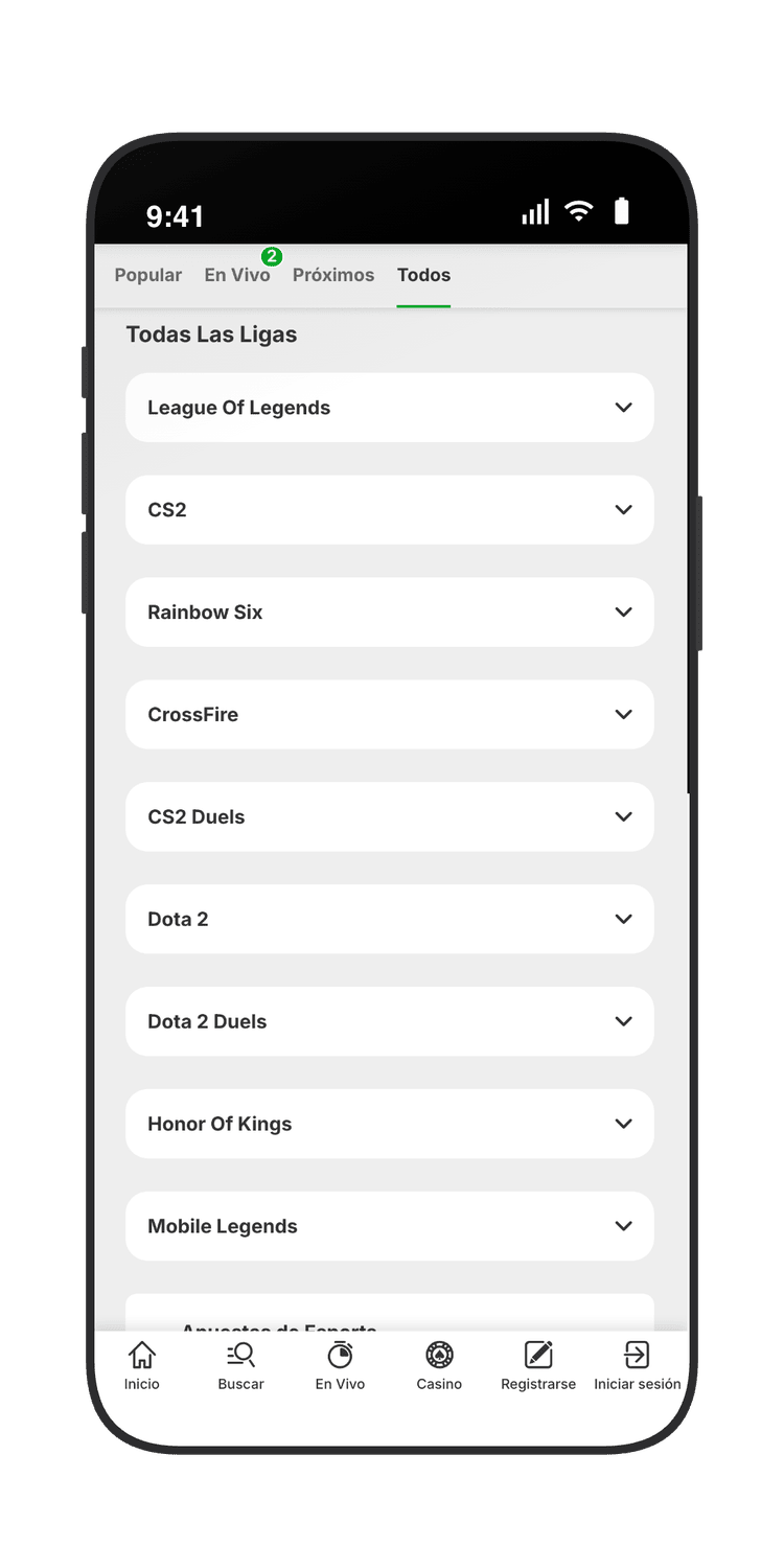 Lista de todas las disciplinas de eSports en Betway: LoL, CS2, Rainbow Six, CrossFire, Dota 2, Honor Of Kings y Mobile Legends