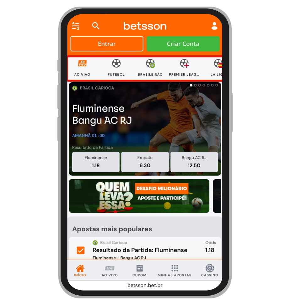 Tela de seleção de modalidade