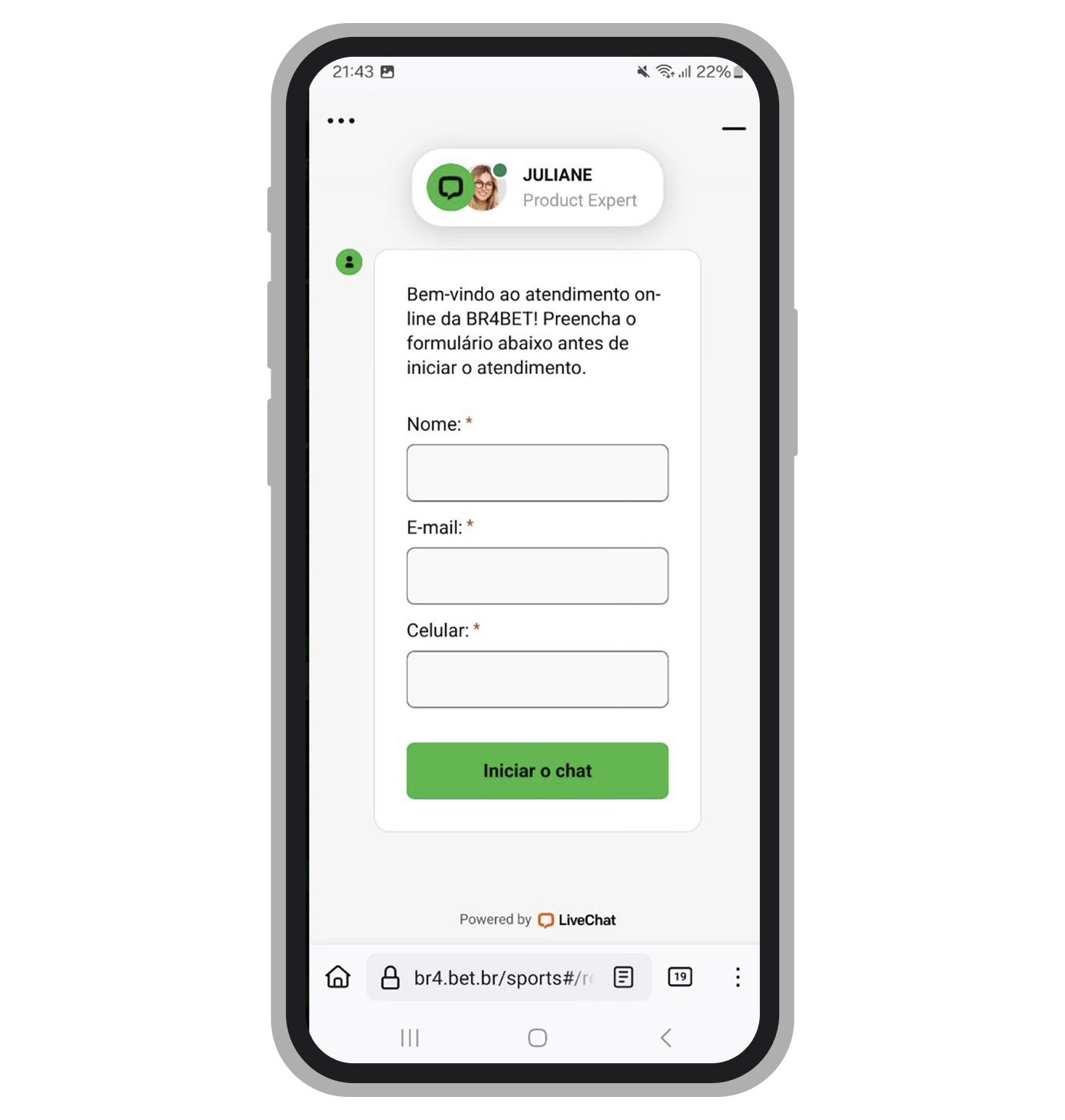 Chat ao vivo no site mobile da Br4Bet