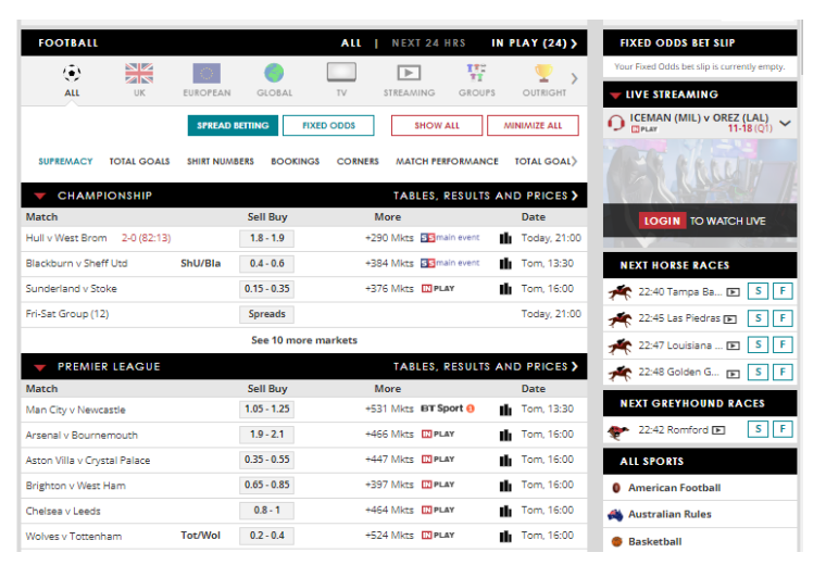 Select a match to open the bet types.