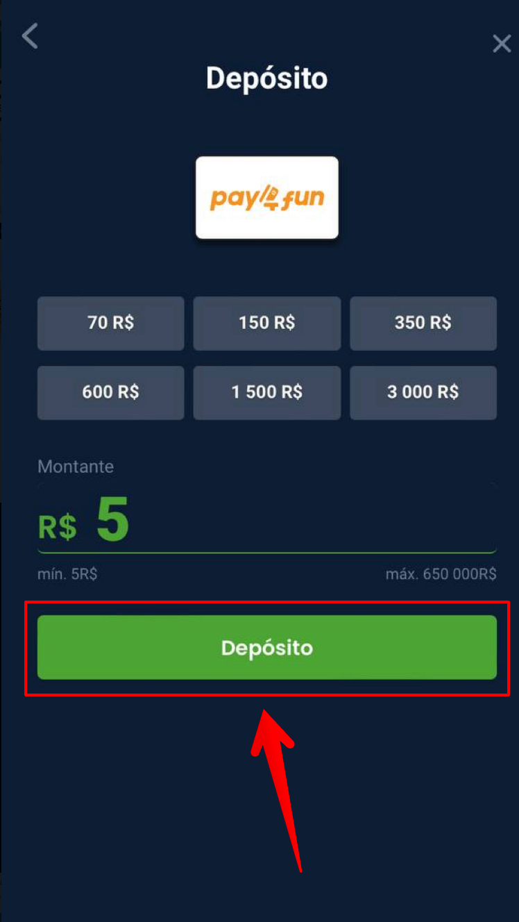 Insira o valor que quer depositar o confirme 