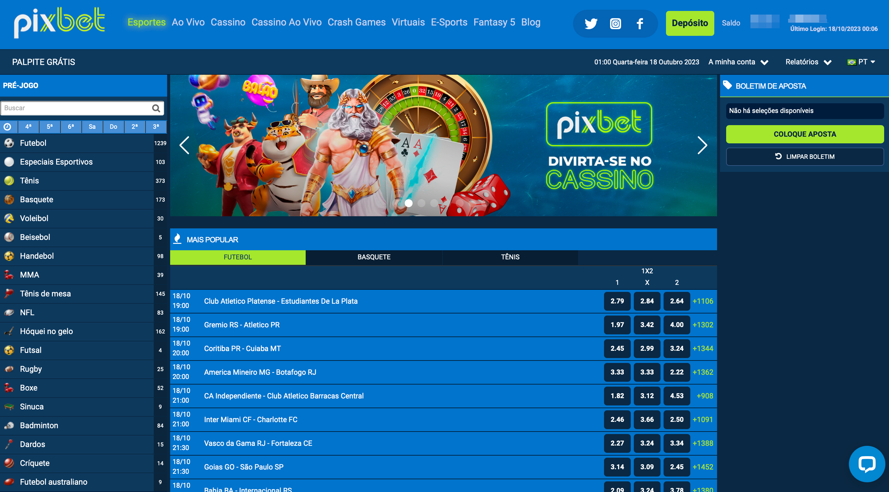  A página principal do site da Pixbet