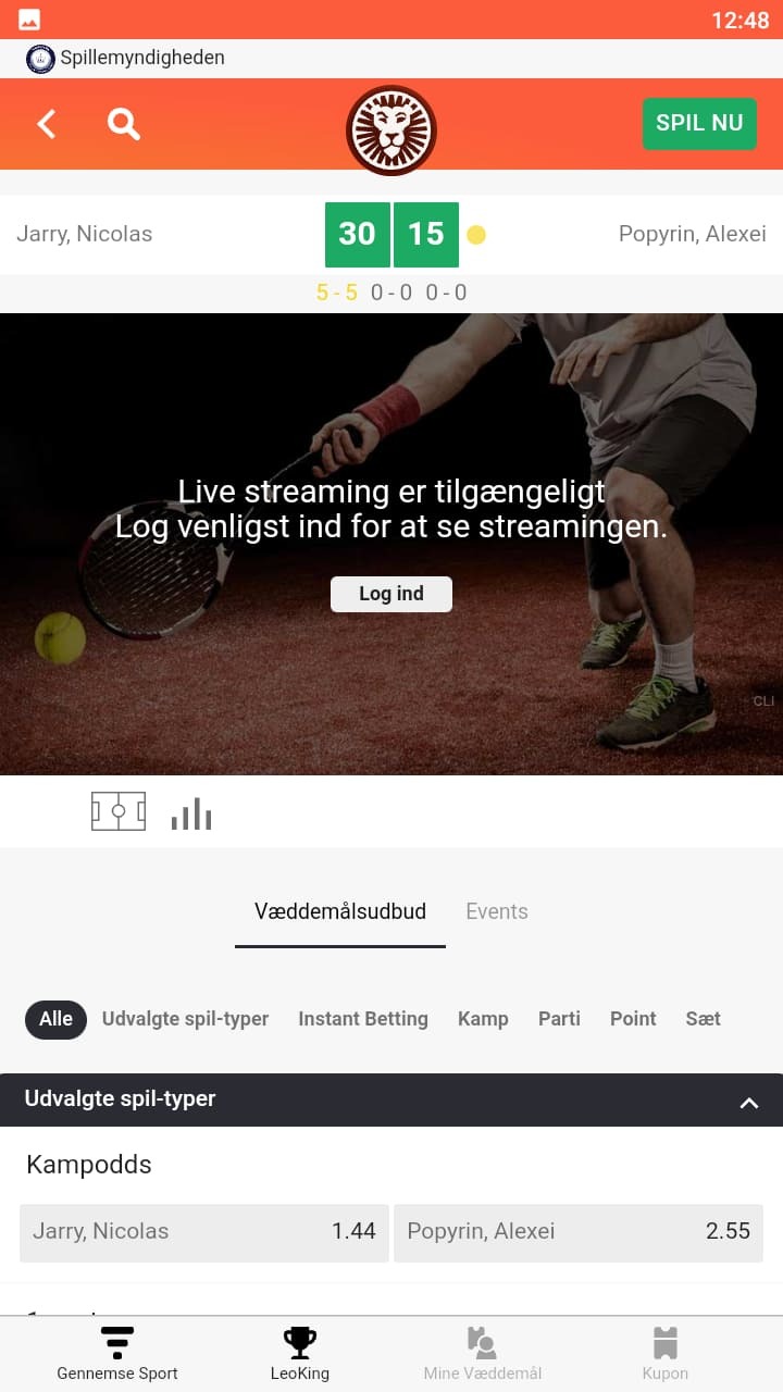 Live spil, Tenniskamp - Live-spil