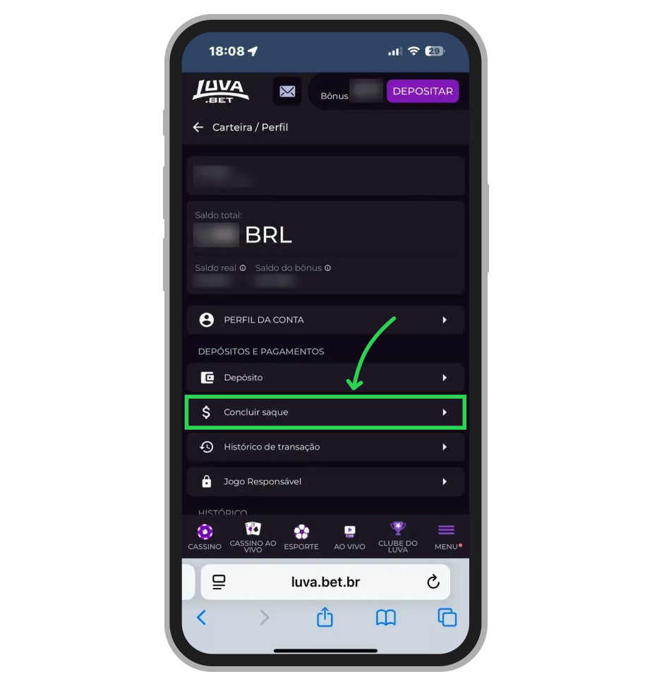 Clique no botão "Concluir saque" para iniciar o fluxo de transferência
