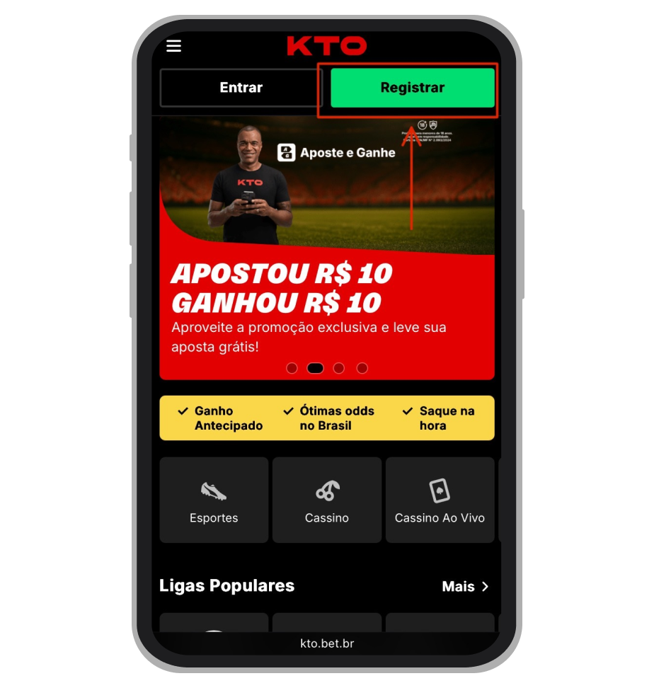 Botão de cadastro na versão mobile da KTO
