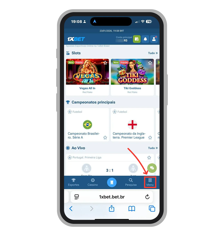 Acesse o perfil da sua conta no aplicativo 1xBet e toque no botão de menu