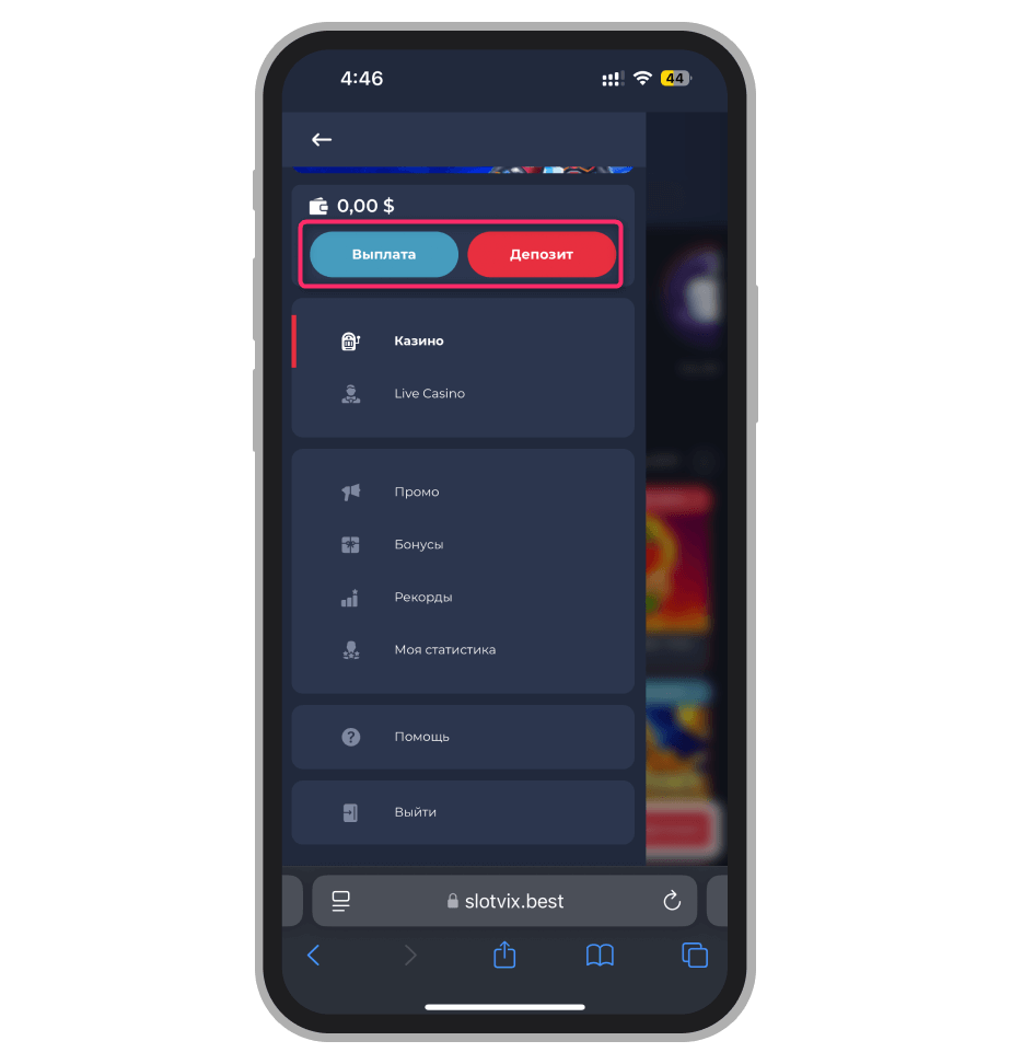 Кнопки пополнения и вывода