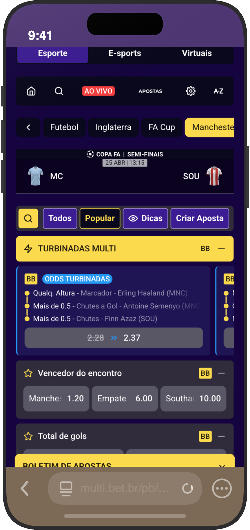 Apostas ao vivo em futebol na Multibet com odds turbinadas e FA Cup