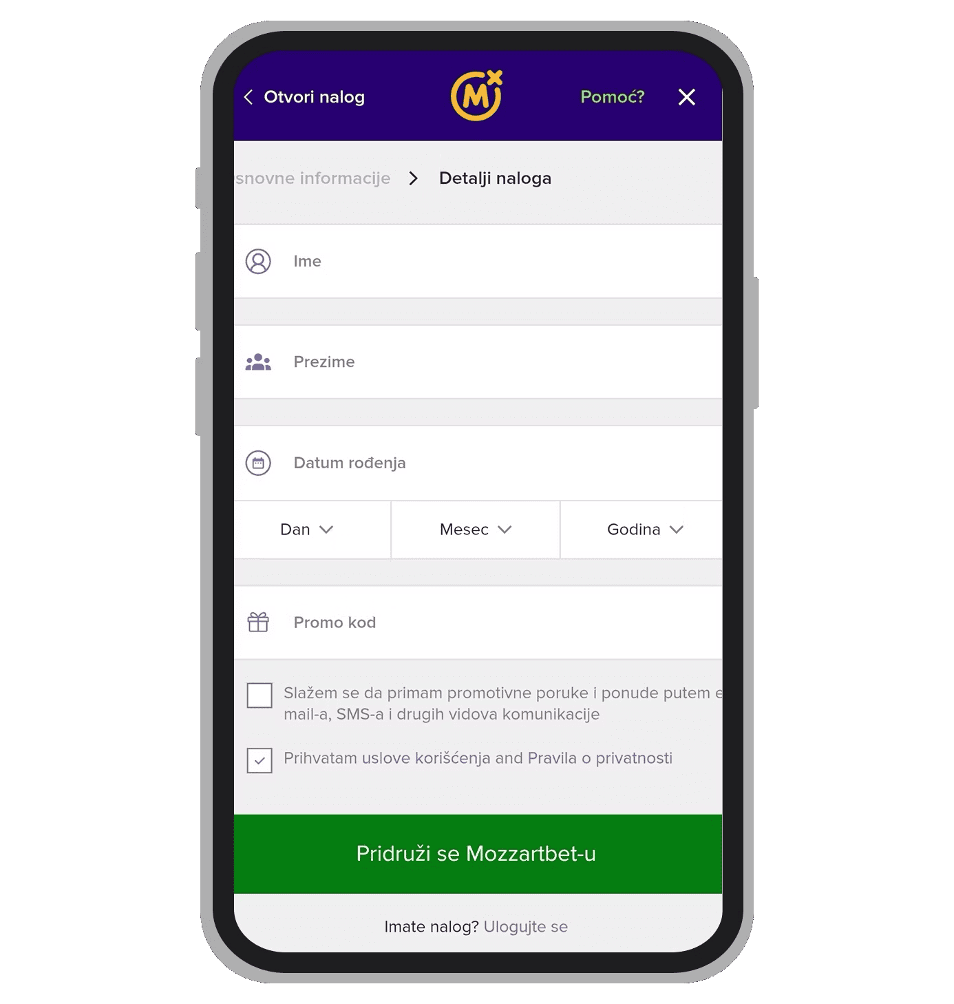 Detalji naloga Mozzart Bet