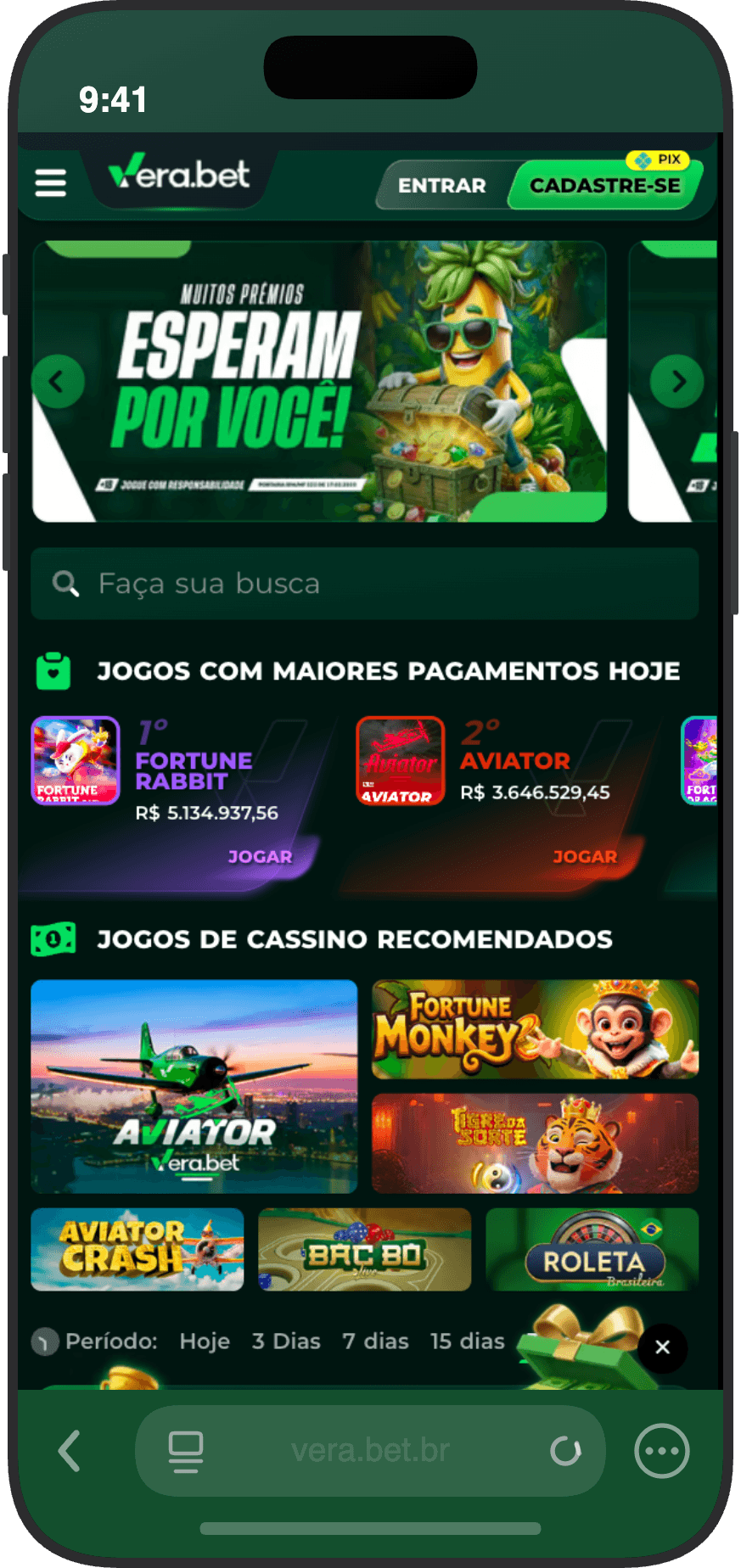 Tela principal da Vera.bet com banner de prêmios, jogos com maiores pagamentos e slots recomendados