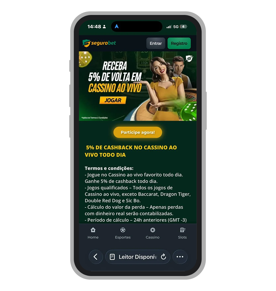 5% de cashback no cassino ao vivo da Segurobet