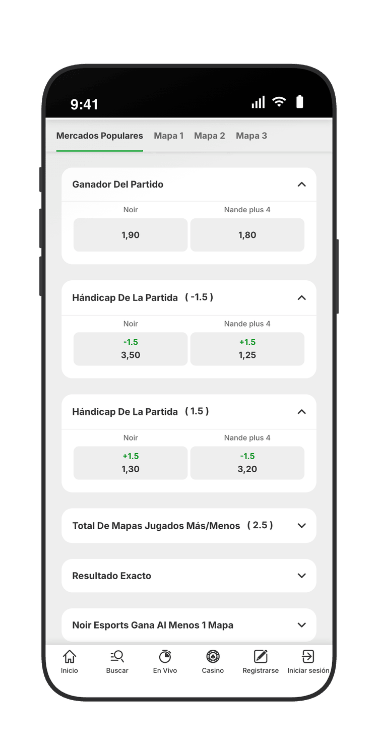 Mercados de apuestas en un partido de eSports en Betway: ganador, hándicap, total de mapas y resultado exacto
