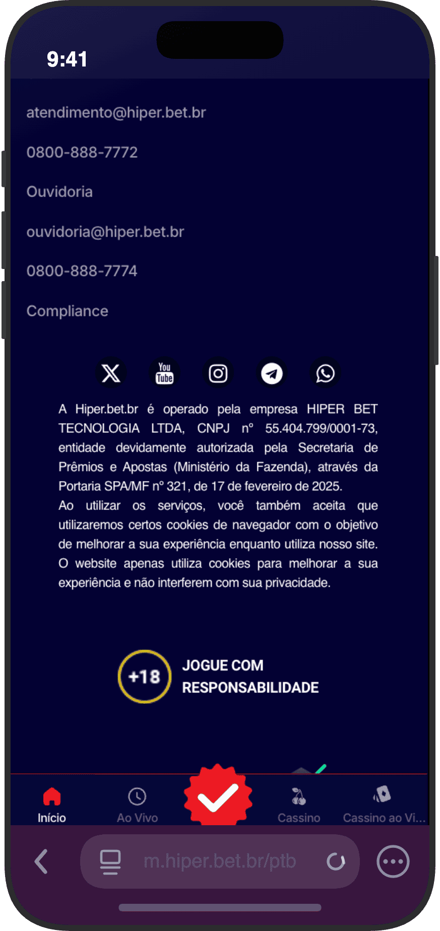 Rodapé da HiperBet com dados jurídicos da HIPER BET TECNOLOGIA LTDA