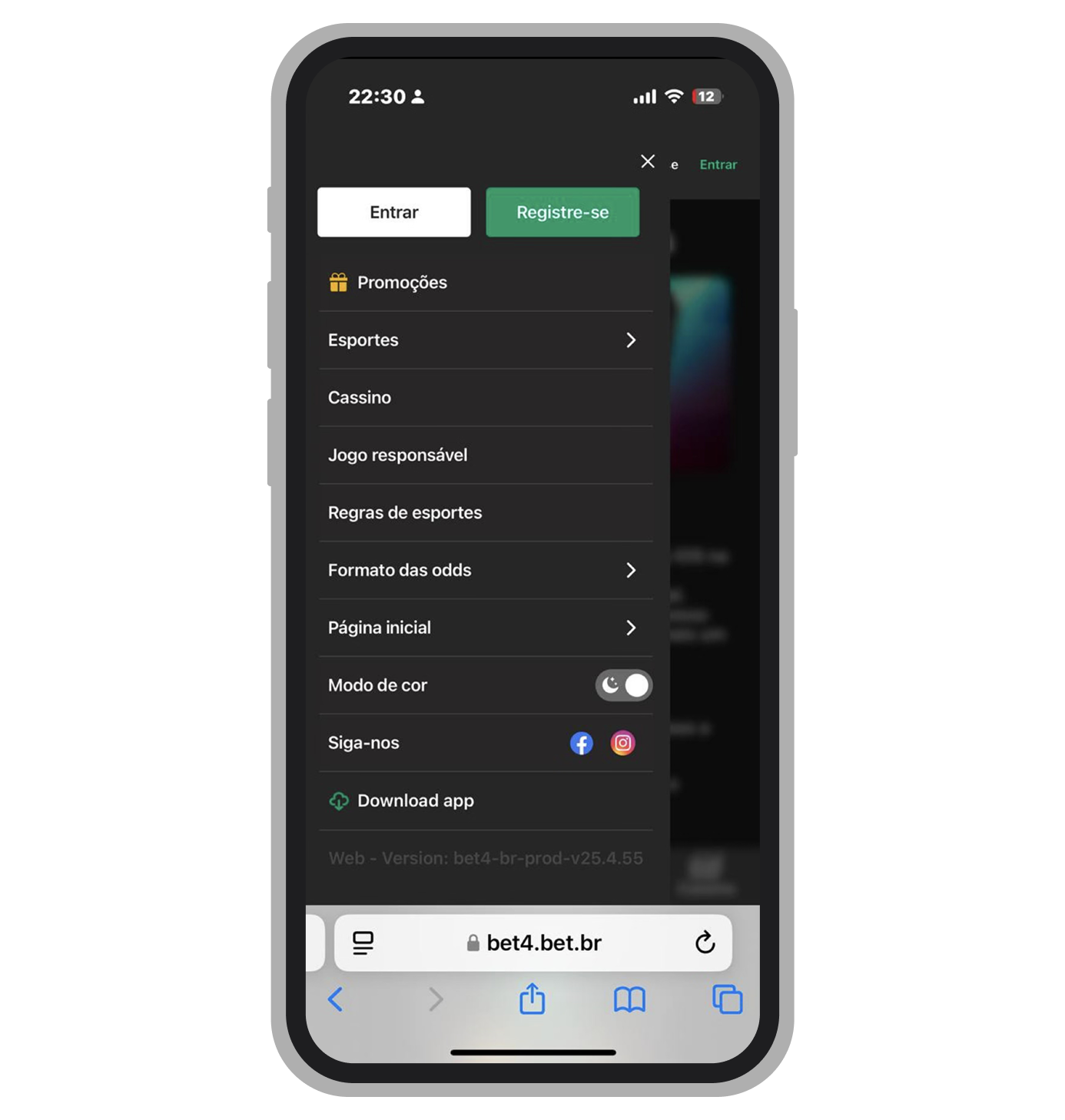 Para download do app clique no botão no menu lateral