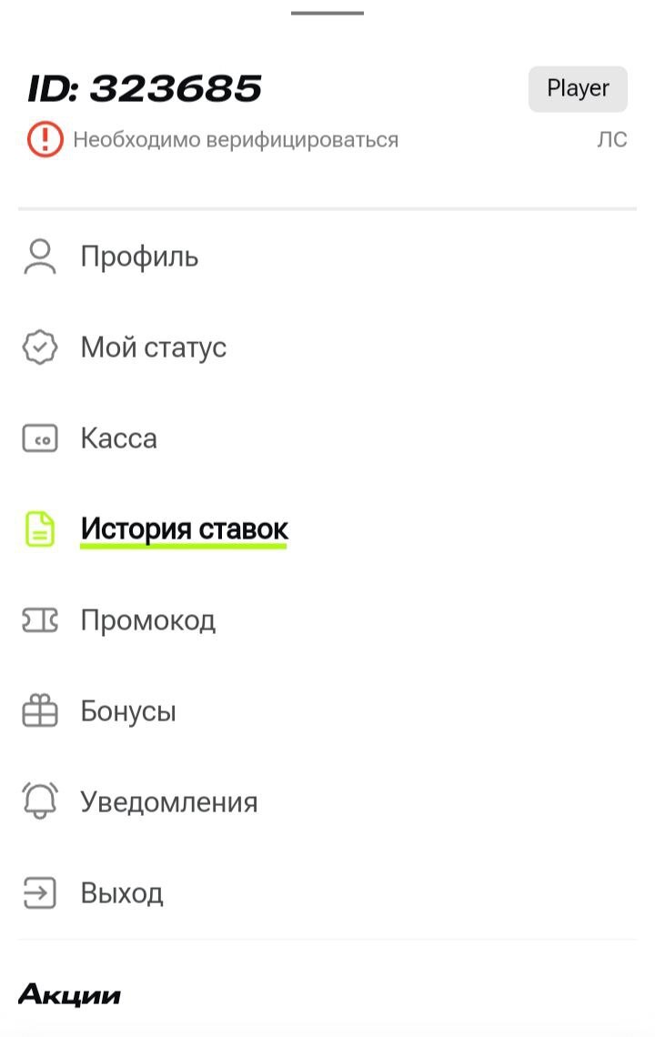 «История ставок» в меню приложения Ubet