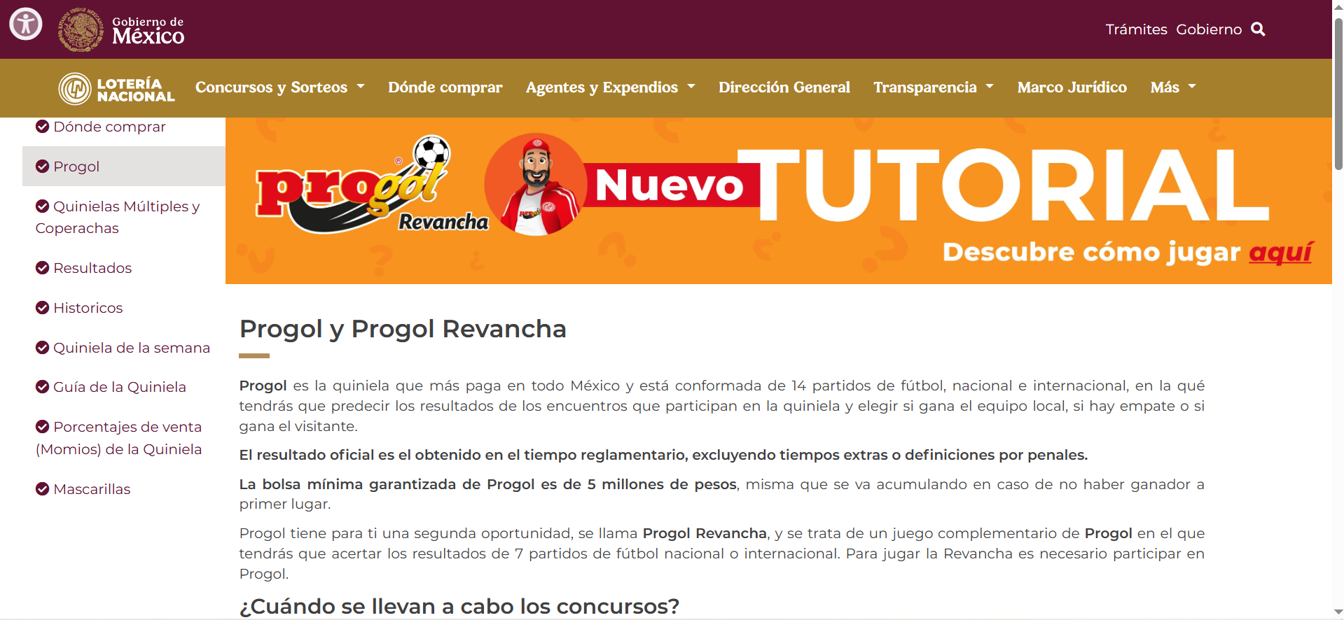 La página web oficial de la quiniela Progol
