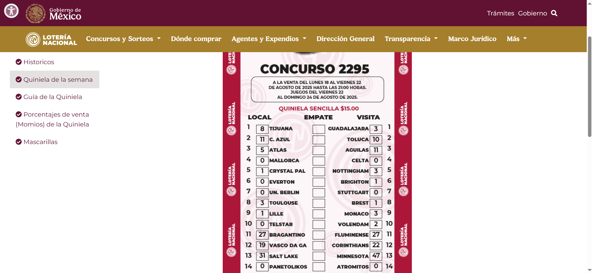 Quiniela de la semana