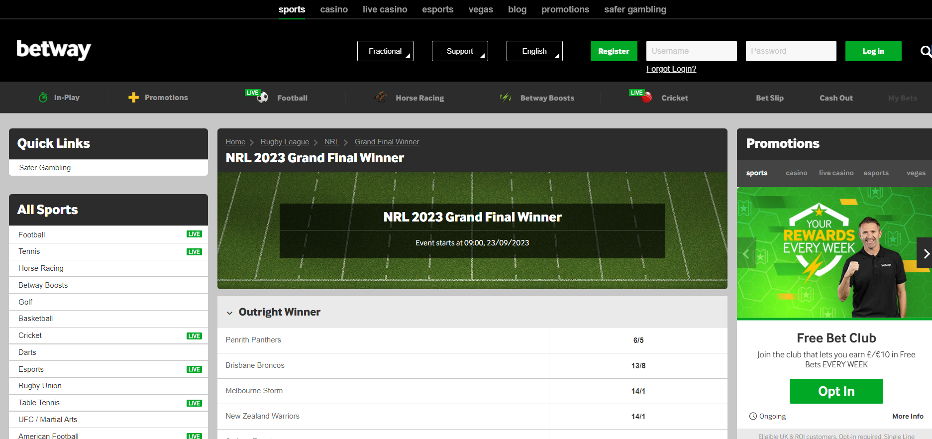 Betway's Rugby Betting Section