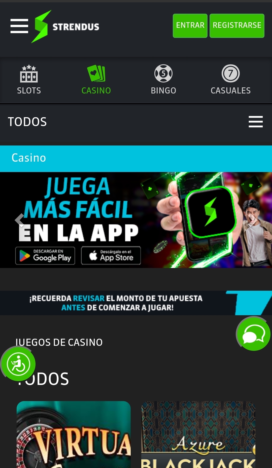 Sección de casino, vista móvil