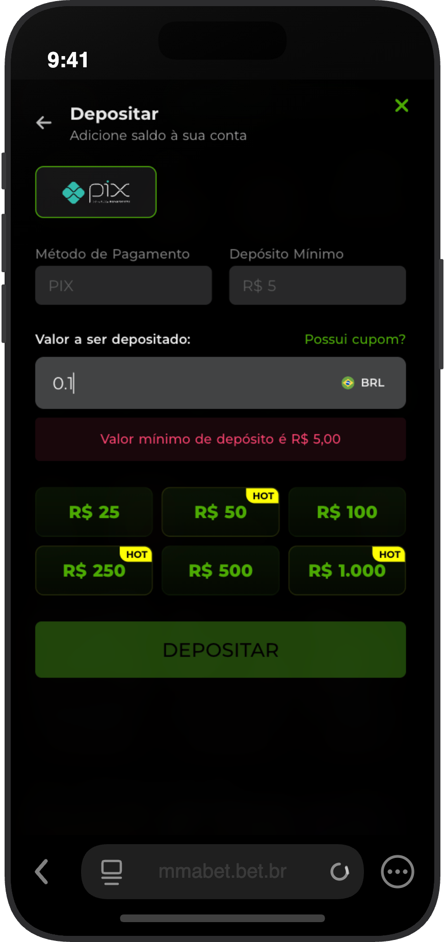 Tela de depósito via Pix no cassino MMABet com valor mínimo de R$ 5