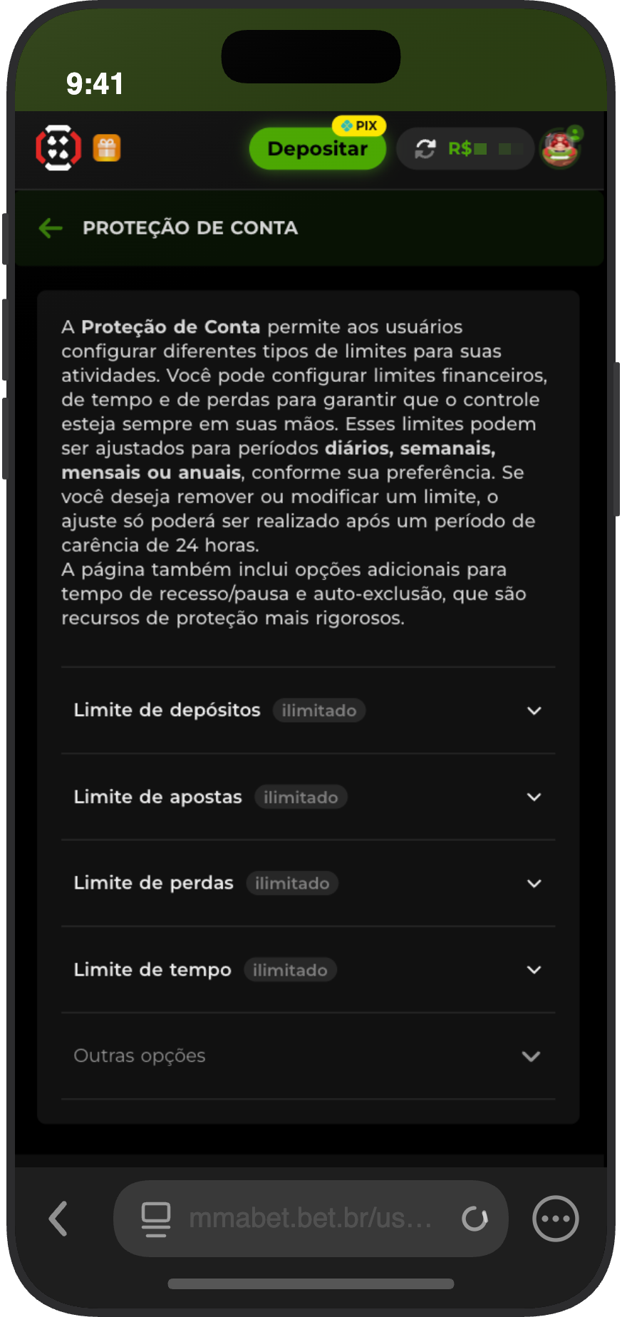 Seção de proteção de conta no cassino MMABet com limites de depósito, apostas e perdas