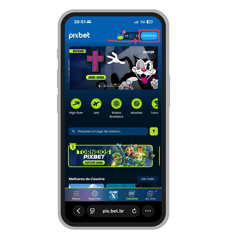 Tela inicial da Pixbet com botão "Depositar" no menu inferior